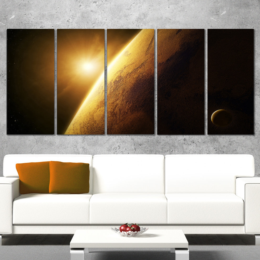 Planet Mars Close up with Sunrise, Large Landscape Canvas Art, 60"x28", 5 Panels