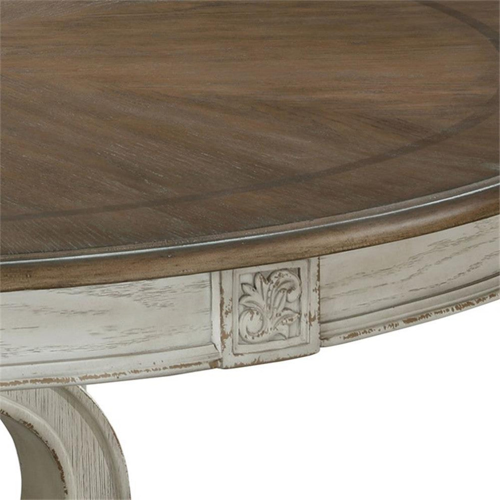 Bowery Hill Rustic Wood Round Dining Table in Antique White Finish
