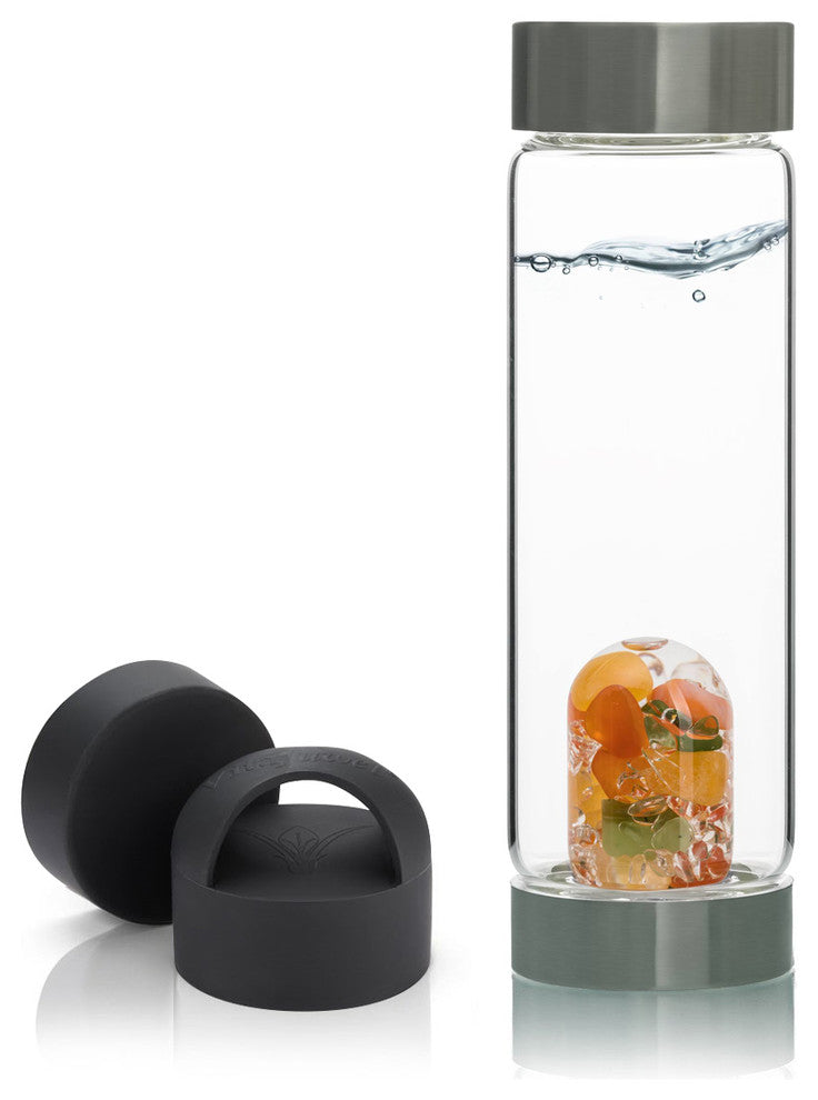 Water Bottle, VitaJuwel ViA Gemwater Bottle, Black Loop Caps, Happiness