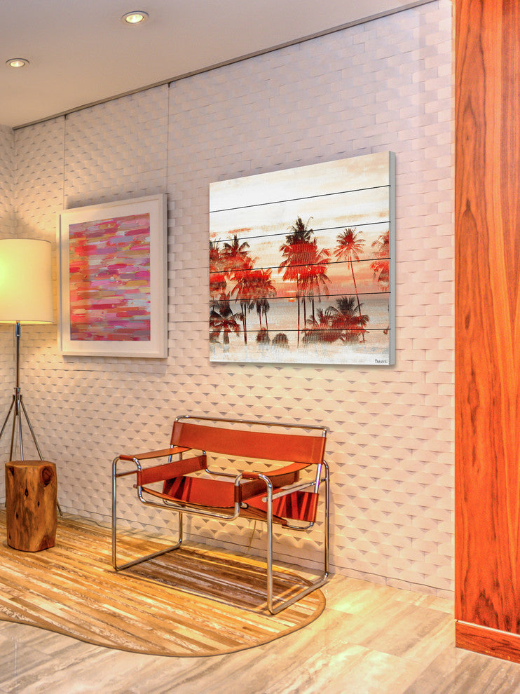 "Glowing Red Palms" Painting Print on White Wood, 18"x18"