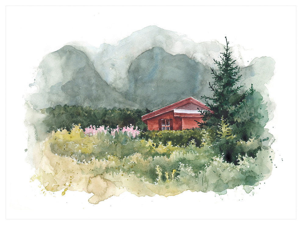 Watercolor House Aad Mountains, Landscape Canvas Art Print, 40"x30"