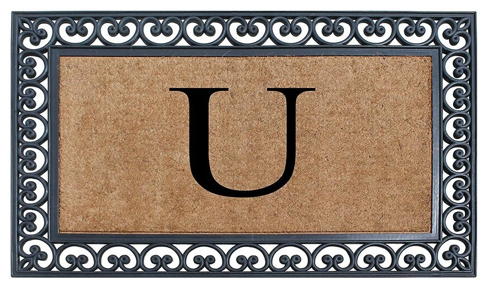 A1HC Black Rubber and Coir Paisley Border Monogrammed Double Doormat, 30"X48", U