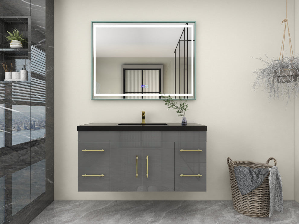Rosa 48" Wall Mounted Modern Vanity, High Gloss Gray, Matt Black Top
