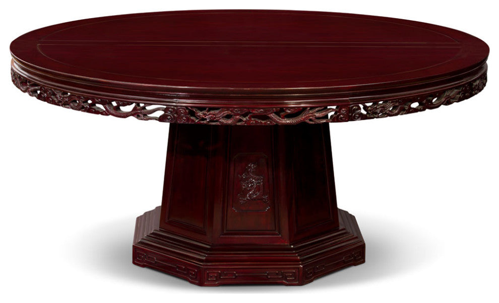Dark Cherry Rosewood Dragon Motif Chinese Round Dining Set with 10 Chairs