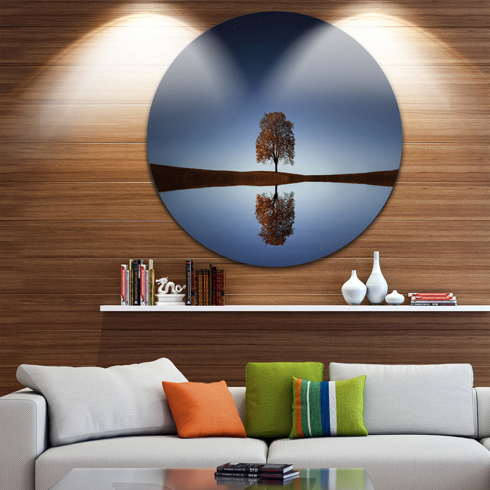 Tree Near Lake At Night, Landscape Photography Disc Metal Wall Art, 36"