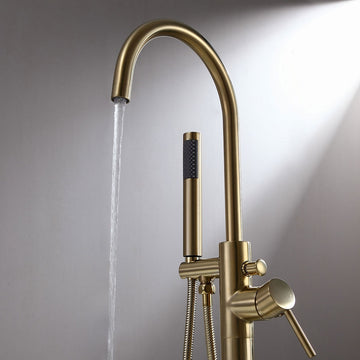 Freestanding Single Handle Tub Filler Faucet with Hand Shower, Brushed Gold