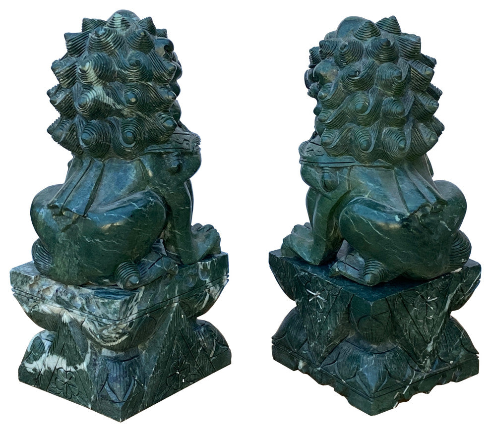 Pair Chinese Green Stone Fengshui Fortune Foo Dog Lion Display Figures Hws1642