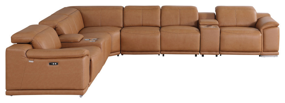 Federico 8-Piece L-Shaped Italian Leather Sectional, 4 Power Recliners, Cognac