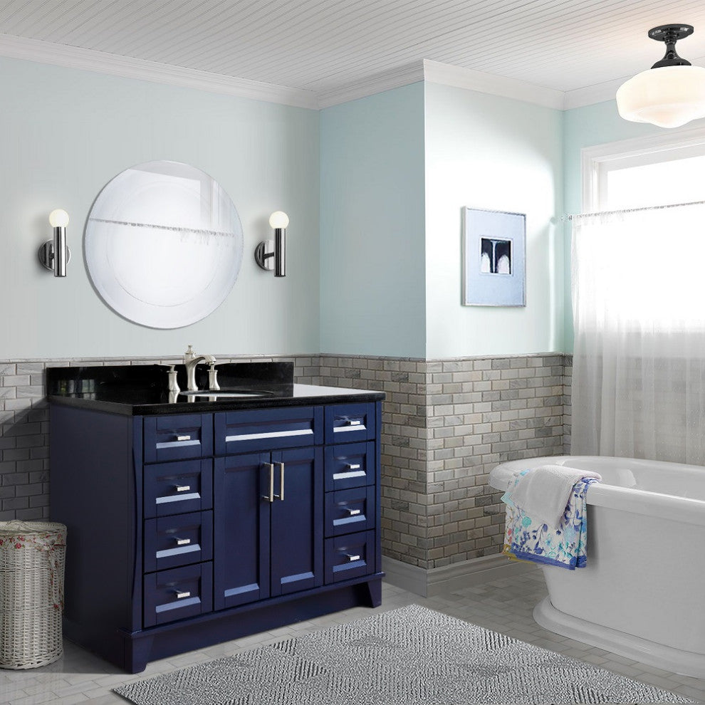 49" Single Sink Vanity, Blue Finish With Black Galaxy Granite And Oval Sink