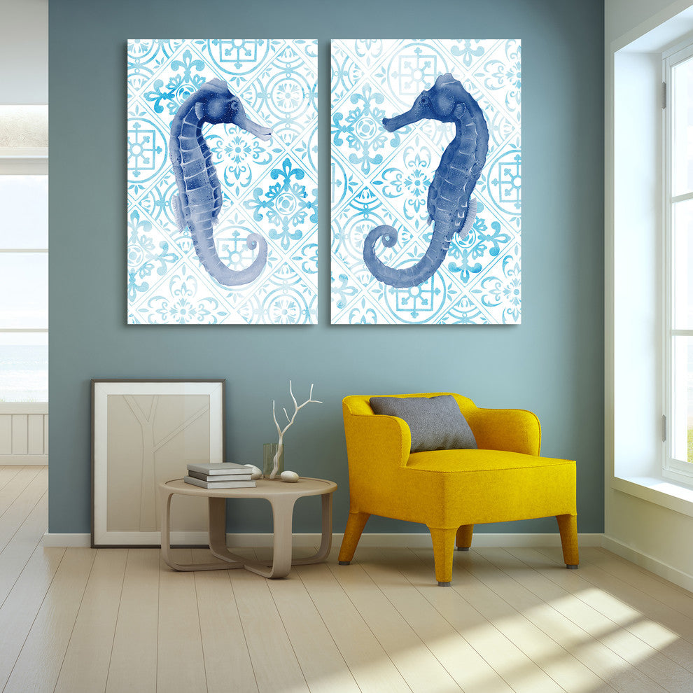 Sea Horse Glass Wall Art Frameless Free Floating Tempered Glass Print Set of 2