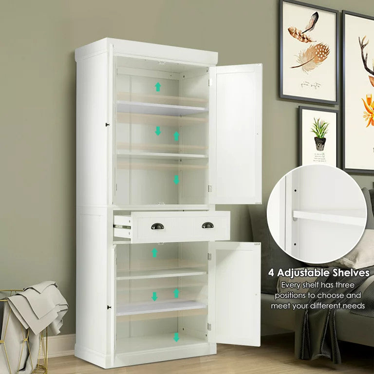 Classic Pantry Cabinet, 2 Large Doors With Drawer & Adjustable Shelves, White