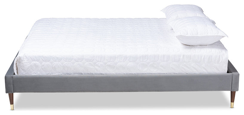Charcoal Velvet Full Size Platform Bed Frame With Gold-Tone Leg Tips