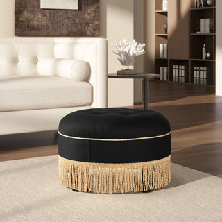 Yolanda 24" Upholstered Round Accent Ottoman, Jet Black Woven