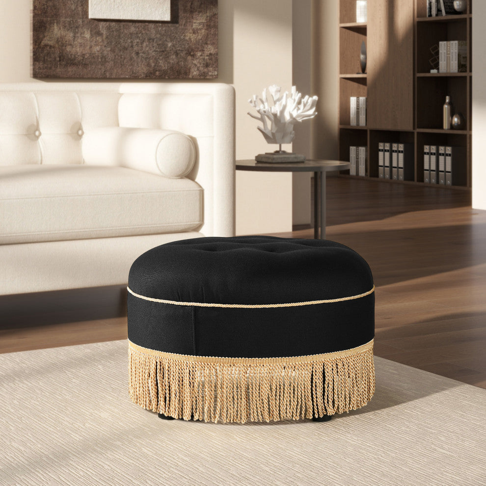 Yolanda 24" Upholstered Round Accent Ottoman, Jet Black Woven