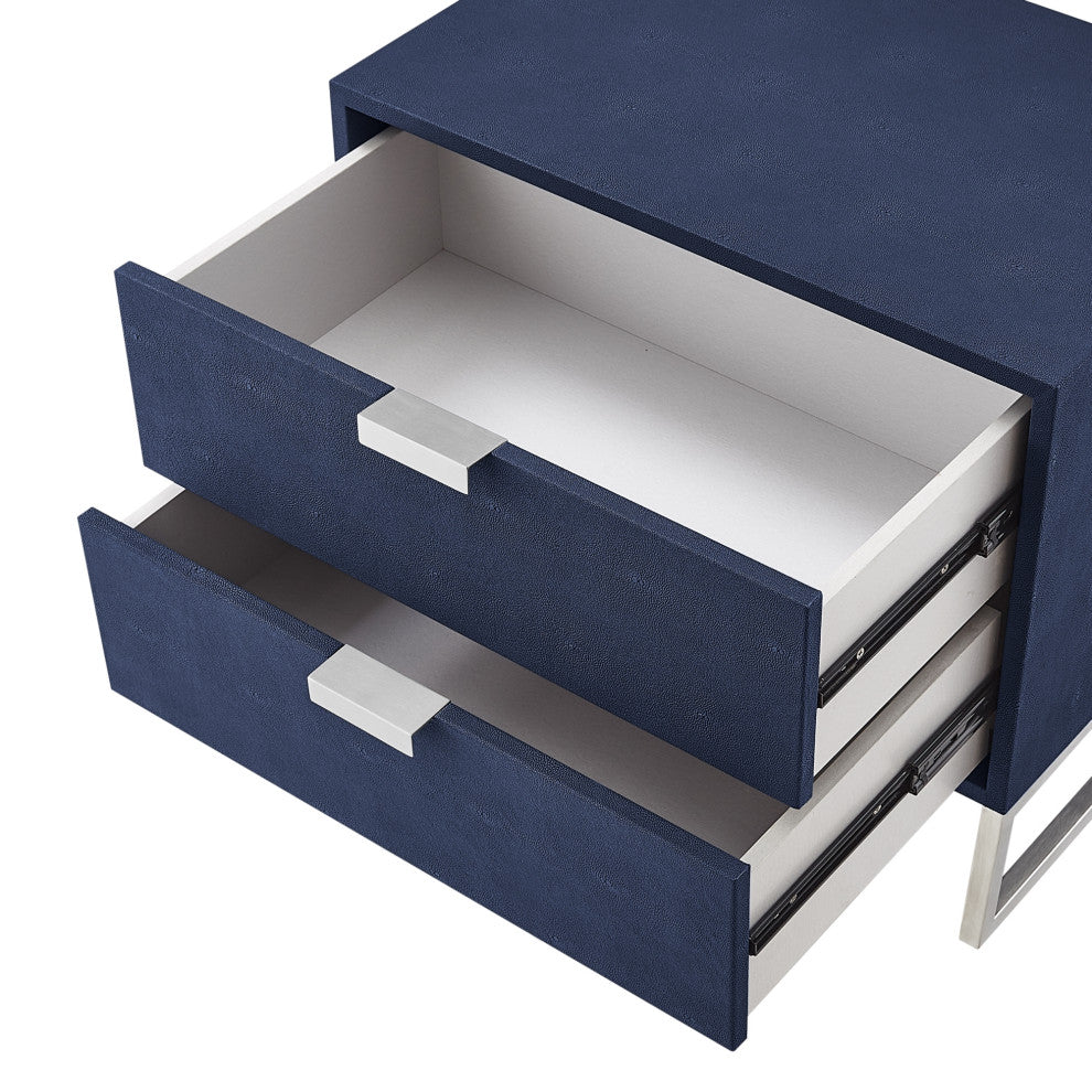 Nicole Miller Chayton Side Table, Faux Shagreen 23.6Lx16Wx21H, Navy/Chrome