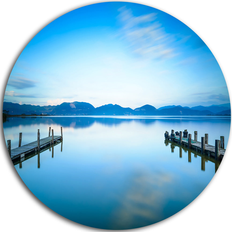 Two Wooden Piers In Blue Sea, Seascape Photo Disc Metal Artwork, 11"