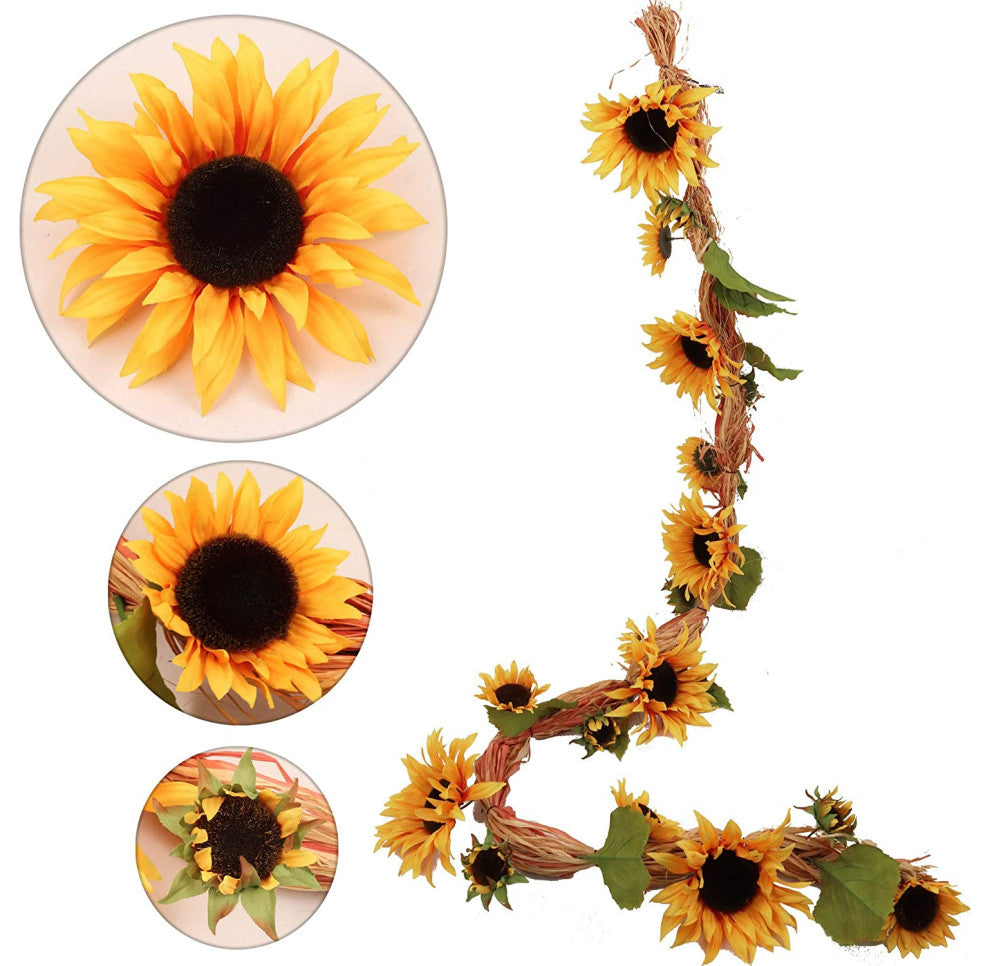 Silk Sunflower Garland Raffia 6' W 17 flowers Indoor Outdoor Fall Decor Pack 6