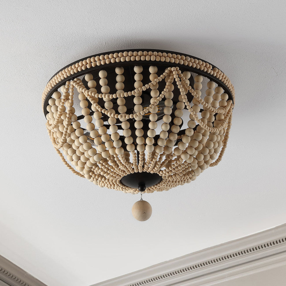 Dune Wood Bead 3-Light Farmhouse LED Semi Flush Mount, Oil Rubbed Bronze/Taupe