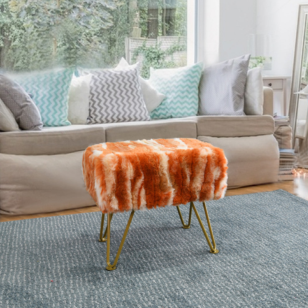 Soft Faux Fur Ottoman Fuzzy Entryway Bench Seat, Burnt Orange, 19"x13"x17"