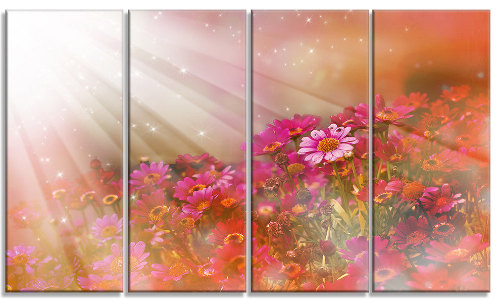 Little Red and Pink Flowers Spring, Floral Canvas Artwork, 48"x28", 4 Panels