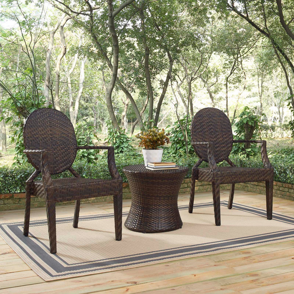 Side Dining Chair Table Set, Rattan, Wicker, Brown, Modern, Outdoor Patio Cafe