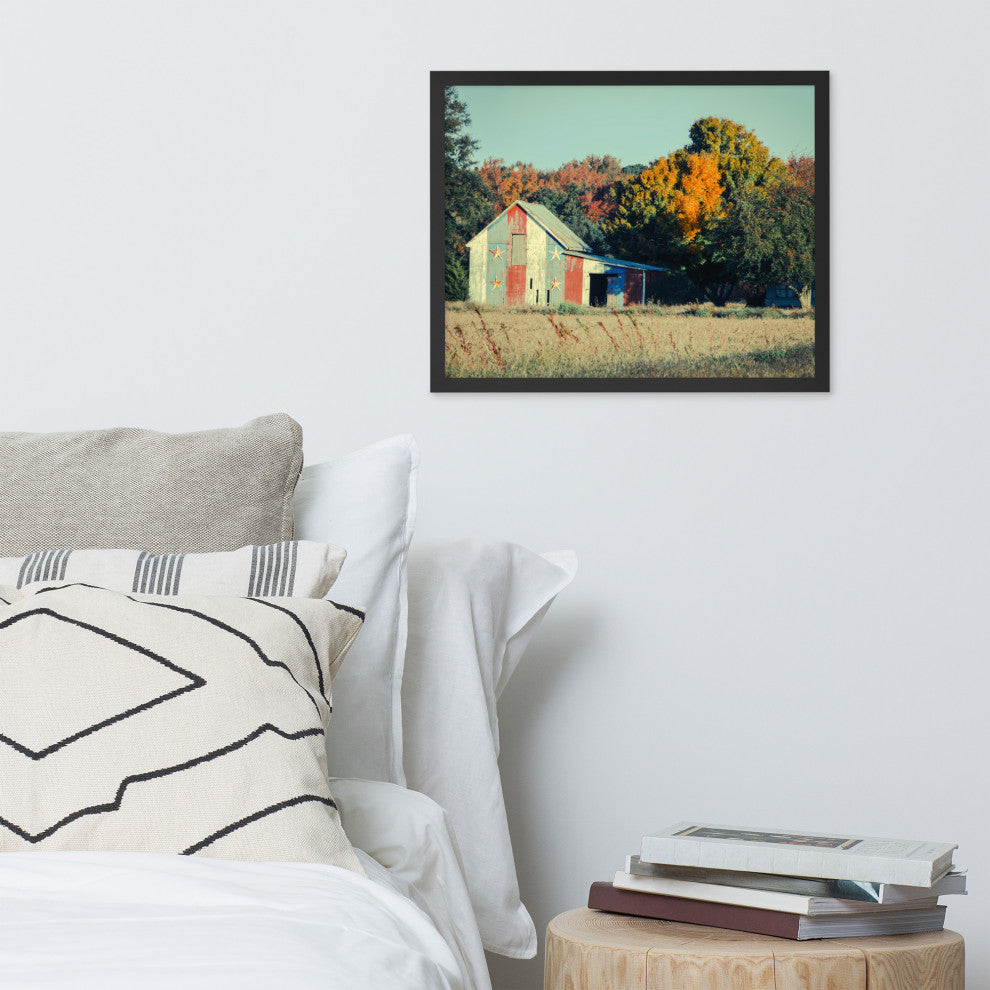 Patriotic Weathered Barn in Field Cross Processed Framed Photo Wall Art Prints, Black, 16" X 20"