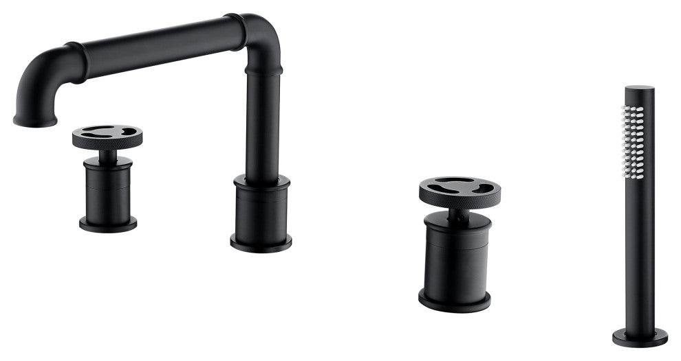 Deck Mounted Modern Tub Filler With Double Wheel Handles And Handshower, Matte B