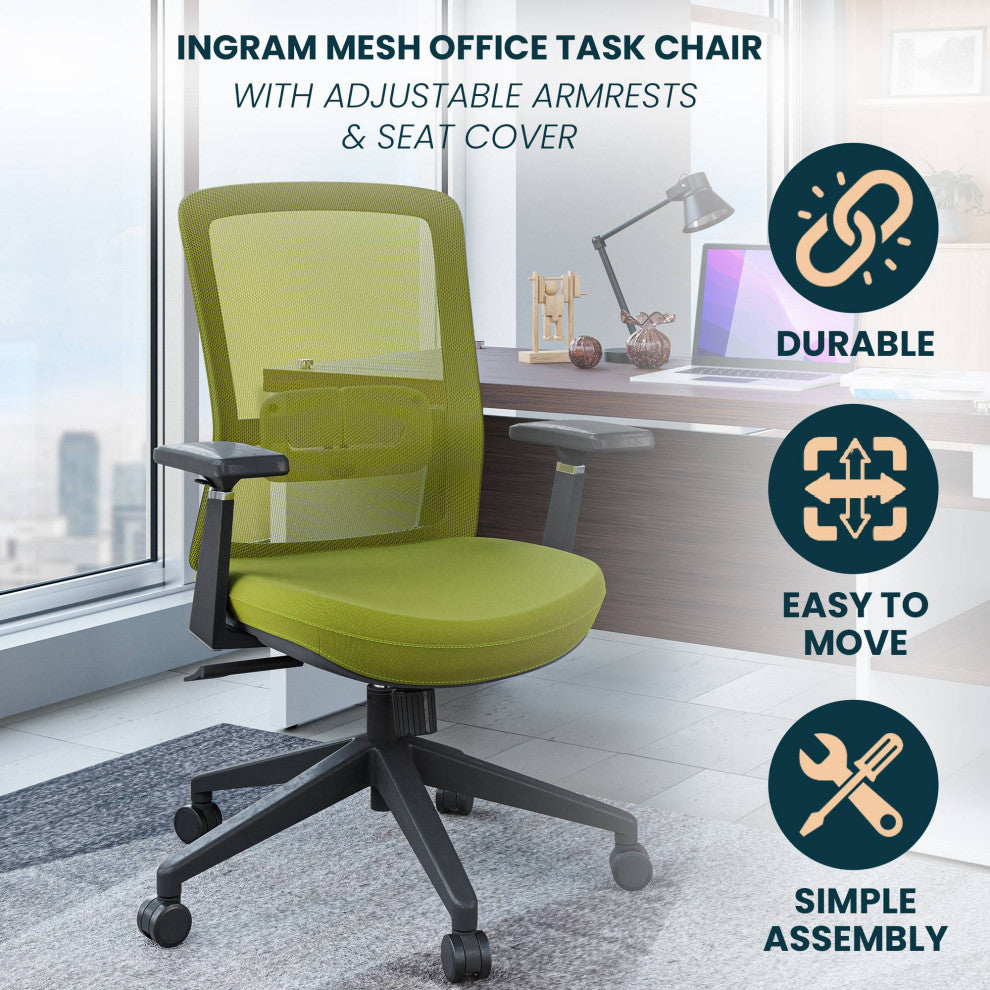 LeisureMod Ingram Modern Mesh Office Task Chair With Adjustable Armrests, Green/Green