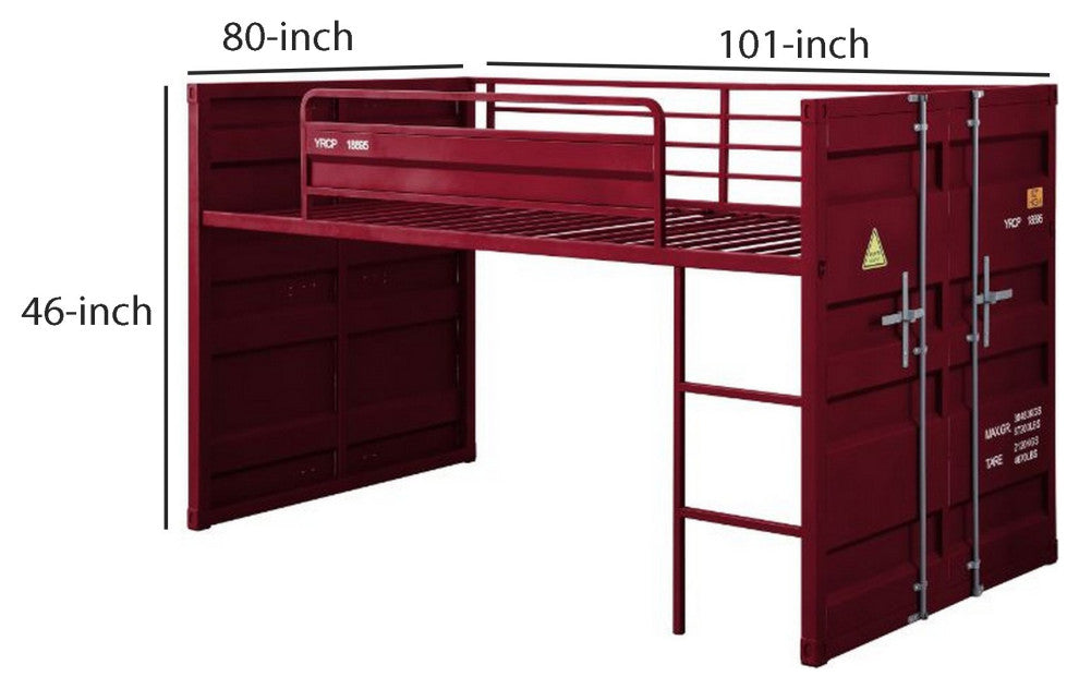 Benzara BM261728 Twin Loft Bed With Metal Frame and Slide, Red