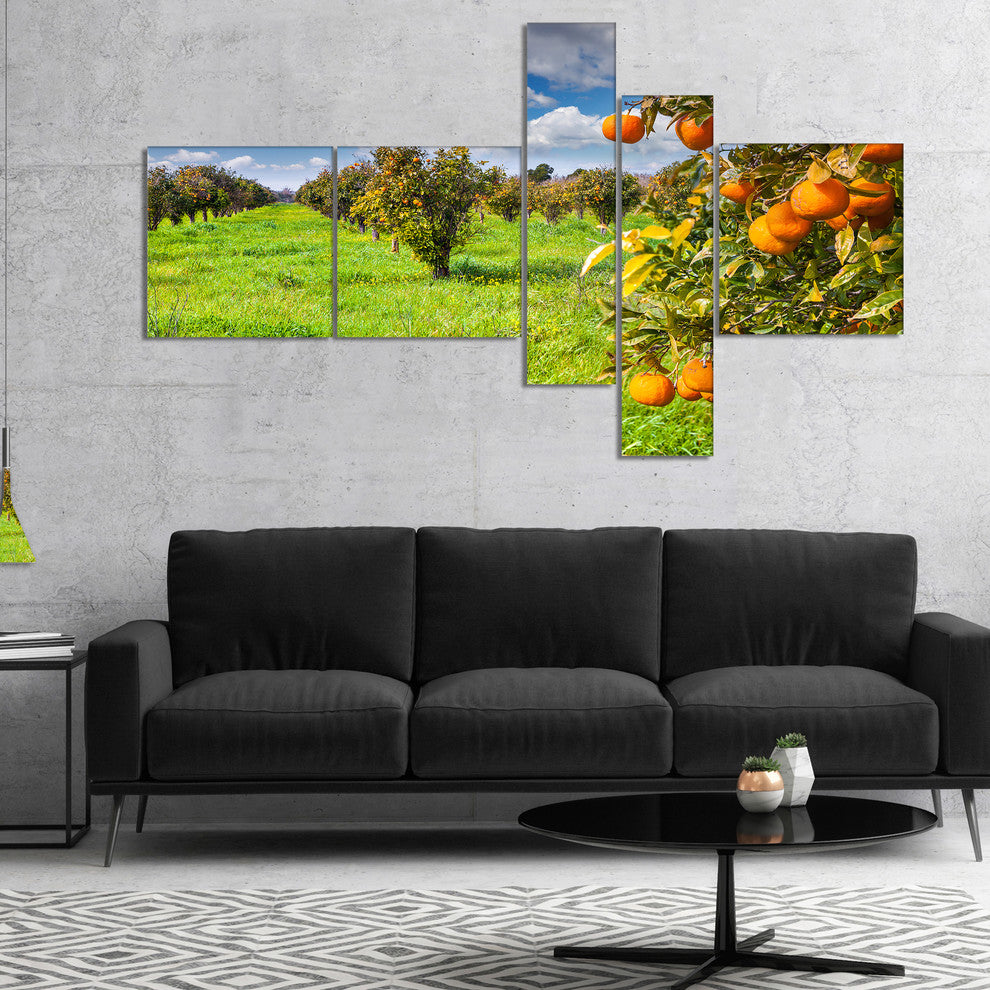 Bright Green Grass in Orange Garden, Landscape Canvas Print, 60"x32", 5 panels