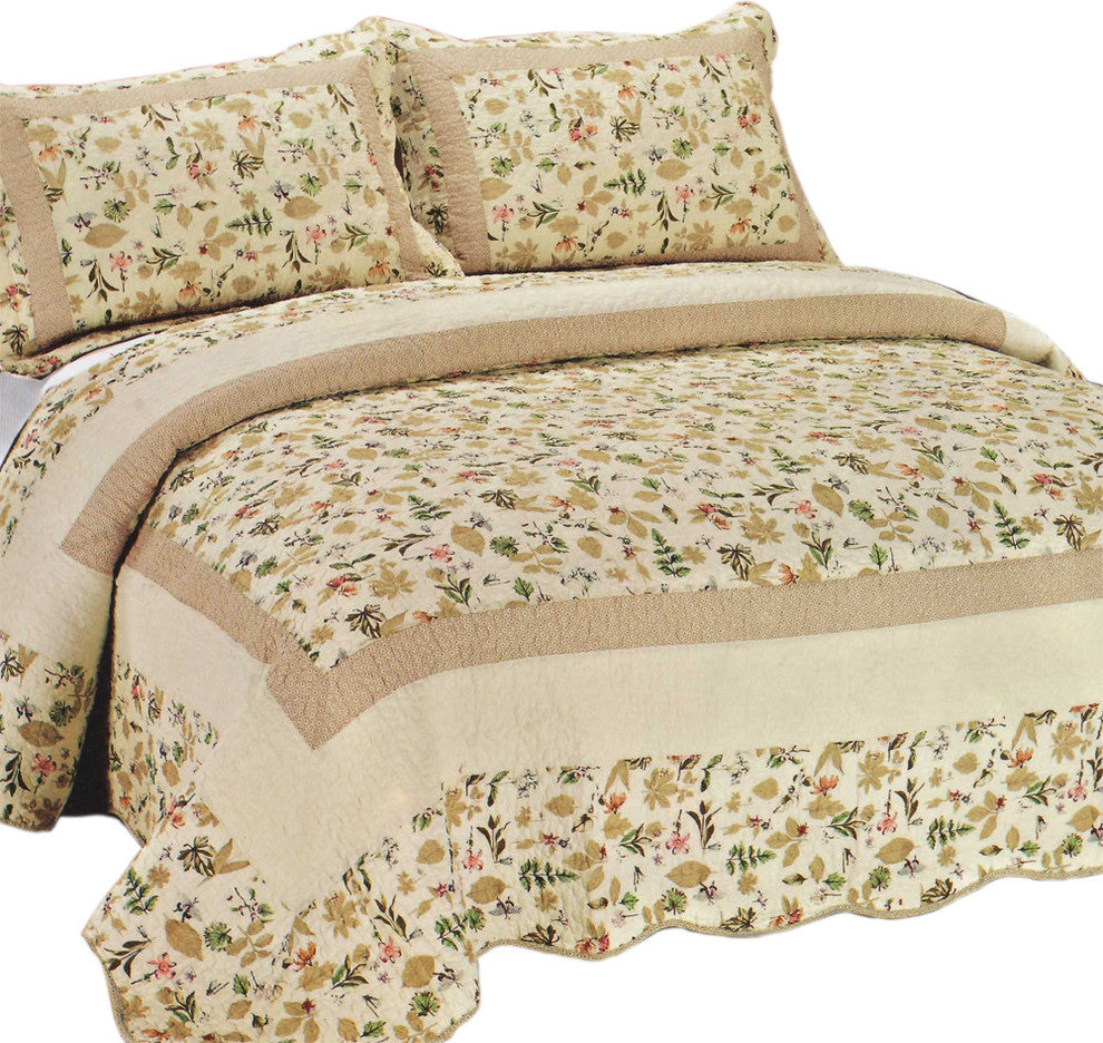 Felicity Cotton 3PC Floral Vermicelli-Quilted Printed Quilt Set Full/Queen