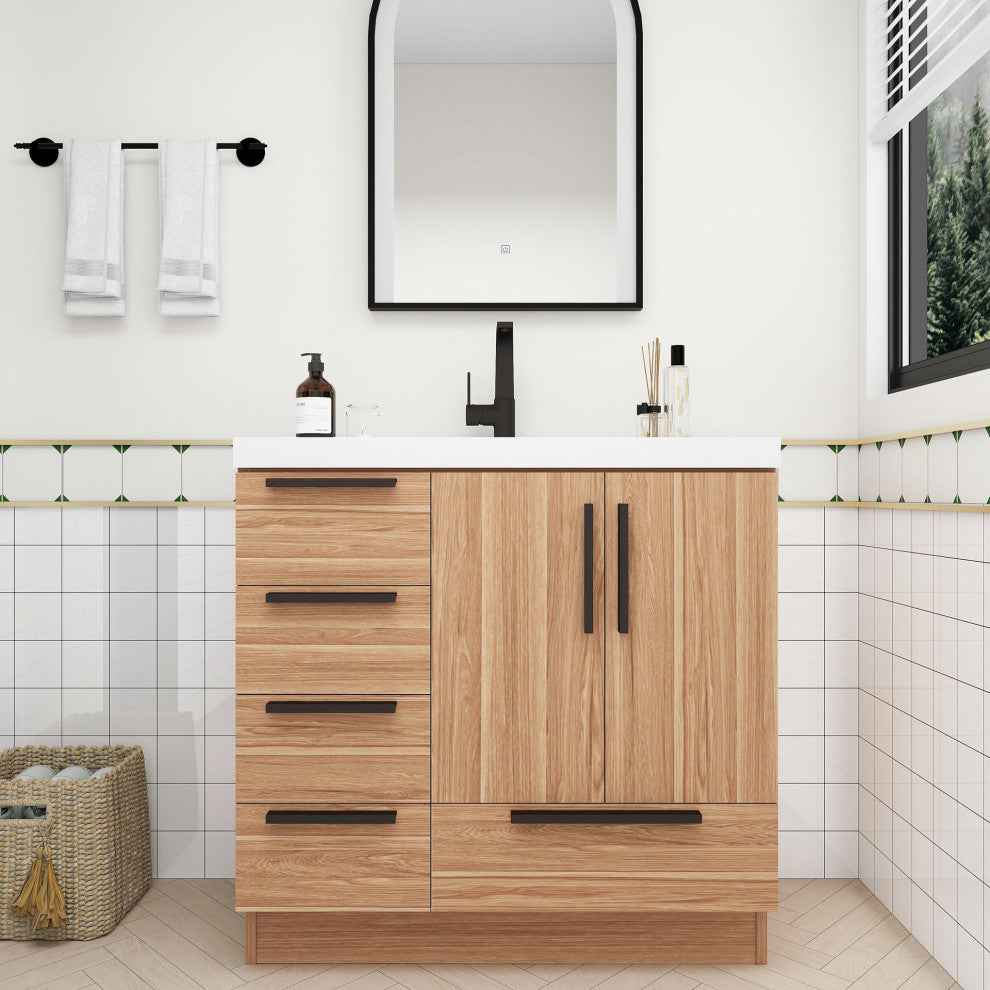 Carla 36" Freestanding Bathroom Vanity With Left Side Drawers, White Oak
