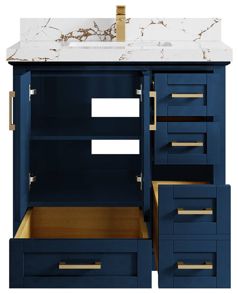 Boston 36" Center Sink Bath Vanity in Navy Blue 2" Viola Gold