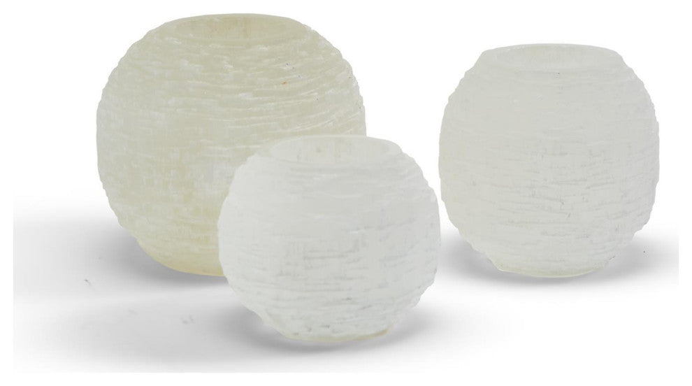 Two's Company Glaciers Set of 3 Selenite Crystal Sphere Candleholders