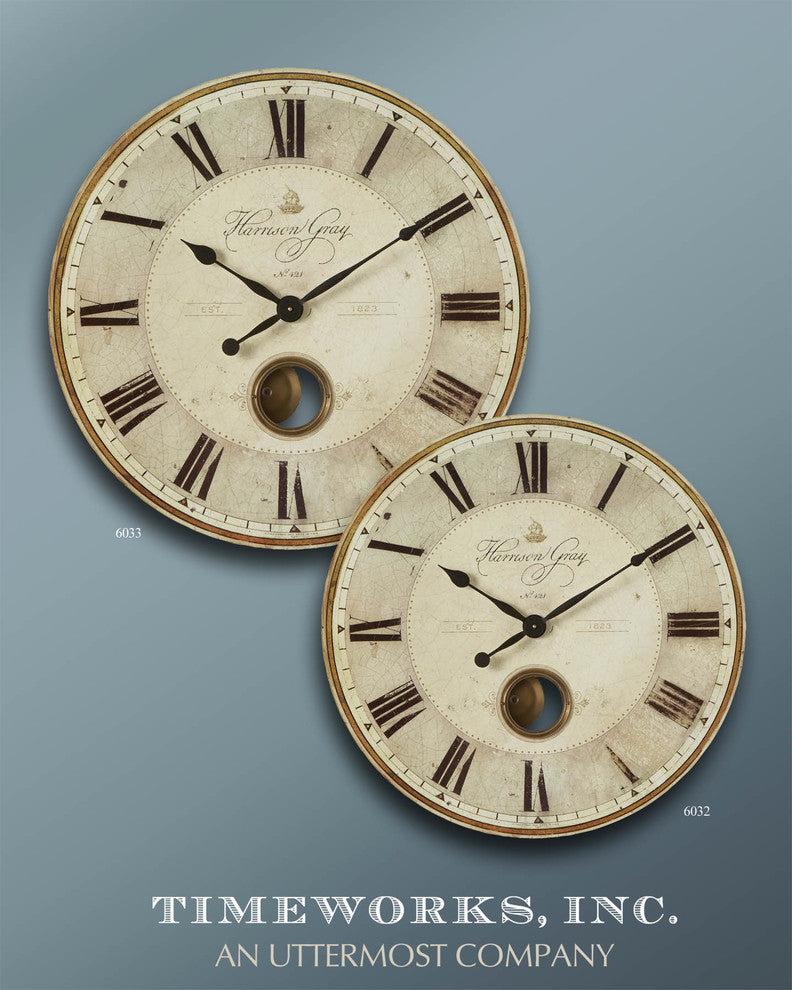 Large Gray Pendulum Wall Clock Roman Numerals 30", Brass Exposed Traditional