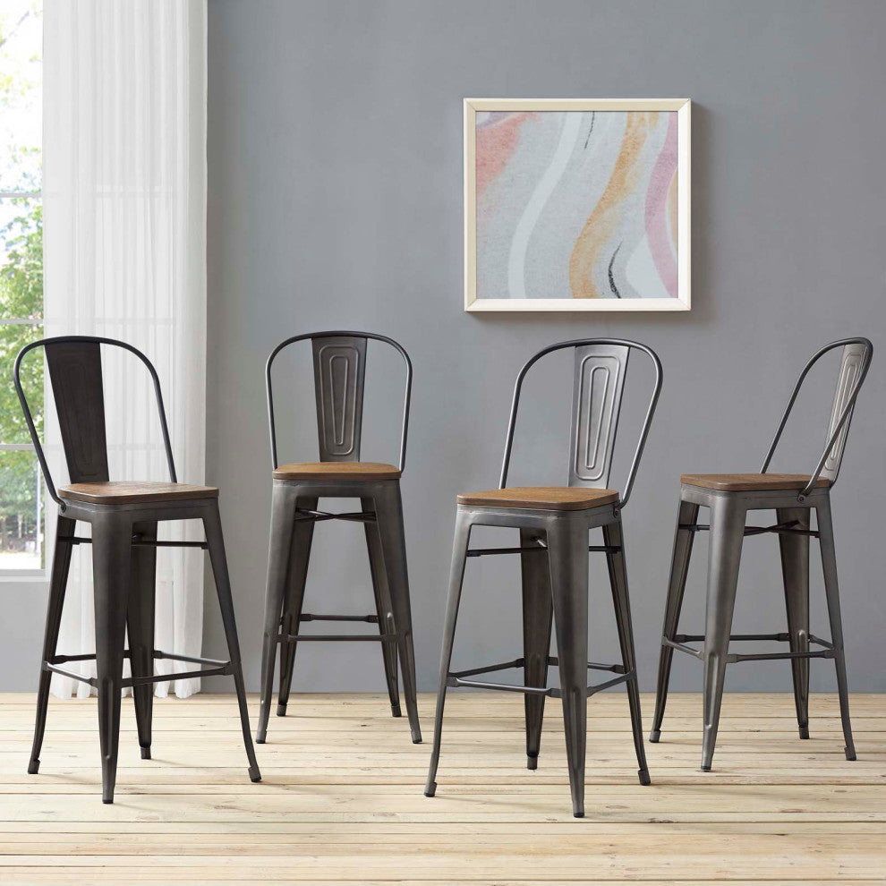 Bar Stool Chair Barstool, Set of 4, Wood, Metal, Brown, Modern, Bar Pub Bistro