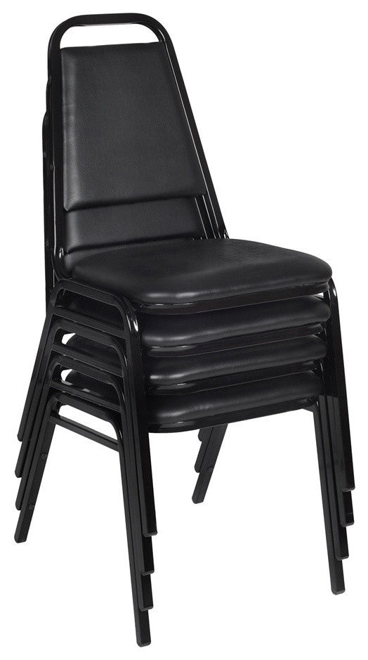 Kee 48" Square Breakroom Table, Maple, Black, 4 Restaurant Stack Chairs, Black