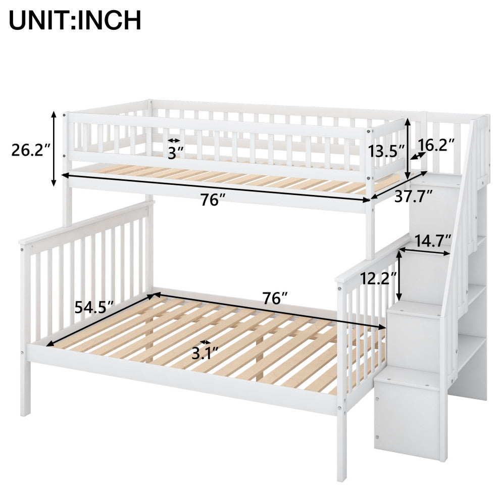 Gewnee Wood Twin Over Full  Bunk Bed with Storage Stairway in White
