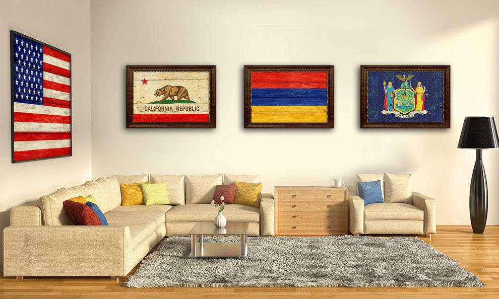 Armenia Country Textured Flag Print With Brown Gold Frame, 15"X21"