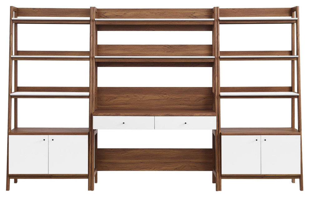 Bixby 3-Piece Wood Office Desk and Bookshelf, Walnut White