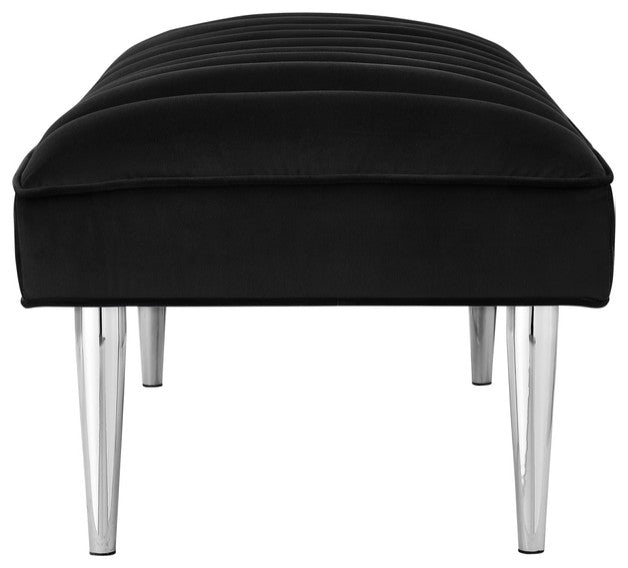 53" Black And Silver Upholstered Velvet Bench