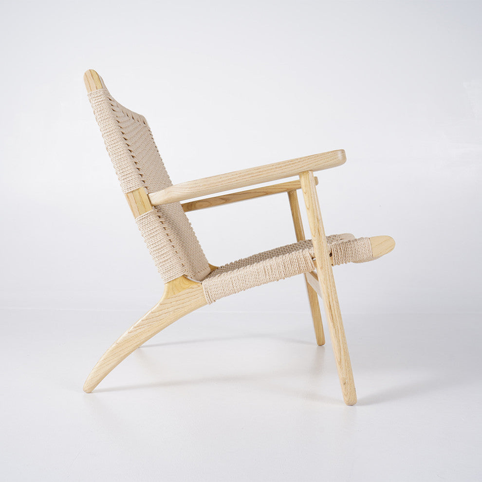 Japandi Wood Outdoor Patio Lounge Chair Armchair Kraft Paper Rope Woven Seat