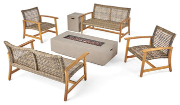 Allison Outdoor 6-Piece Wood and Wicker Chat Set With Fire Pit, Gray/Natural/Light Gray