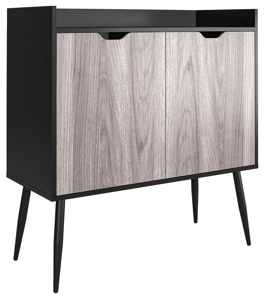 Retro Modern Storage Cabinet, Angled Legs & Doors With Cut Out Pulls, Black Oak