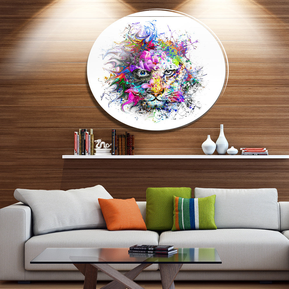 Tiger Face In Colorful Splashes, Abstract Round Wall Art, 23"