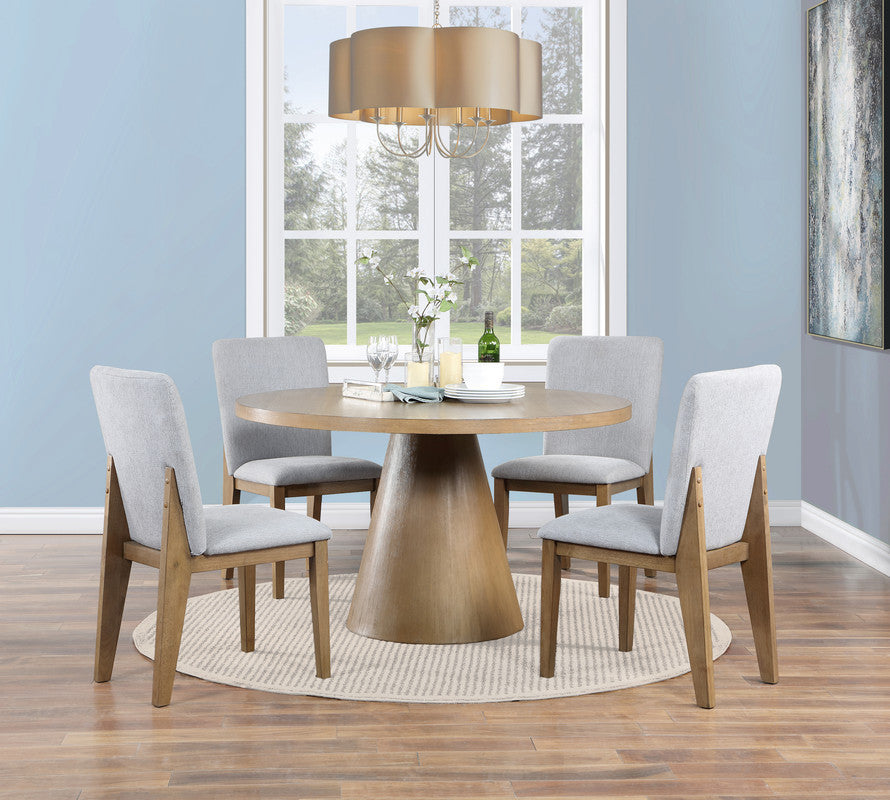Delphine 5-Piece Round Oak Finish Dining Table Set With Gray Chairs