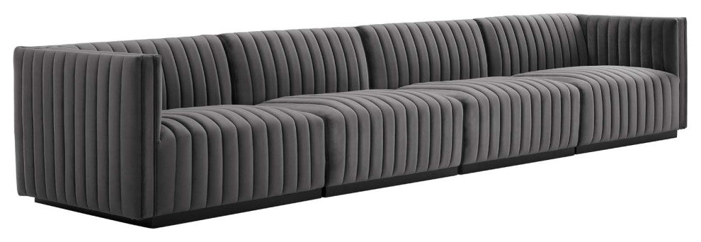 Conjure Channel Tufted Performance Velvet 4-Piece Sofa, Black Gray