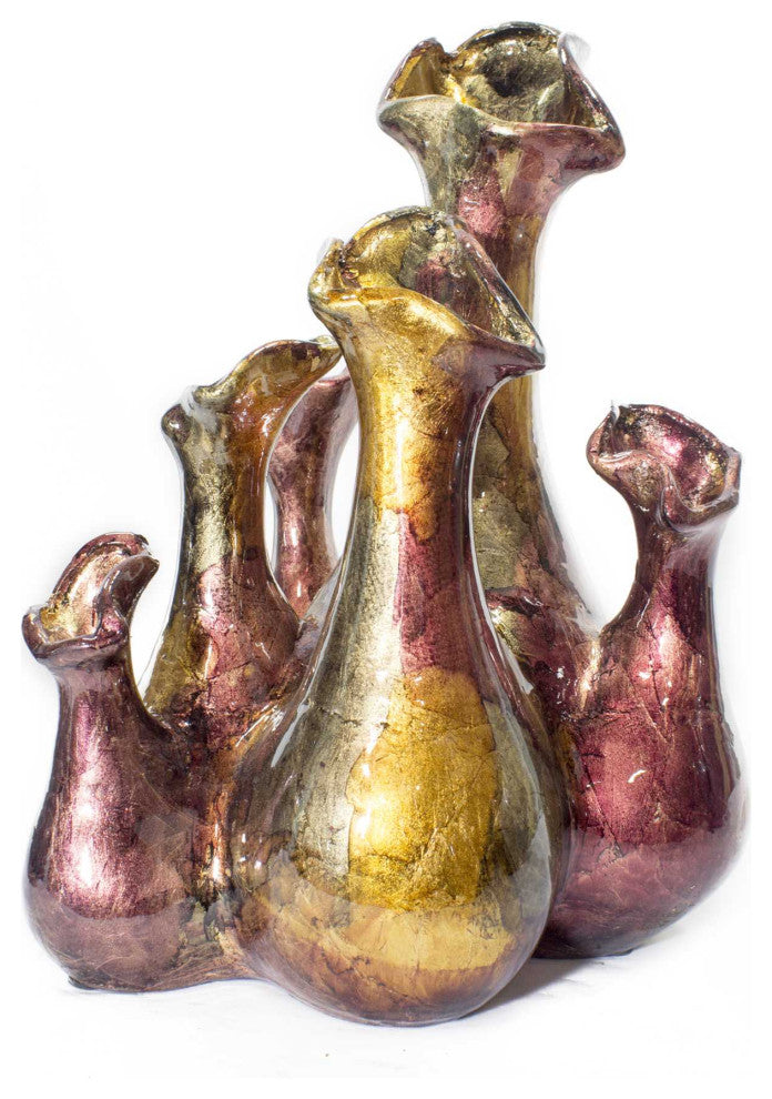 HomeRoots Fila Burgundy Amber Brown Foil and Lacquer 5 Bud Ceramic Vase