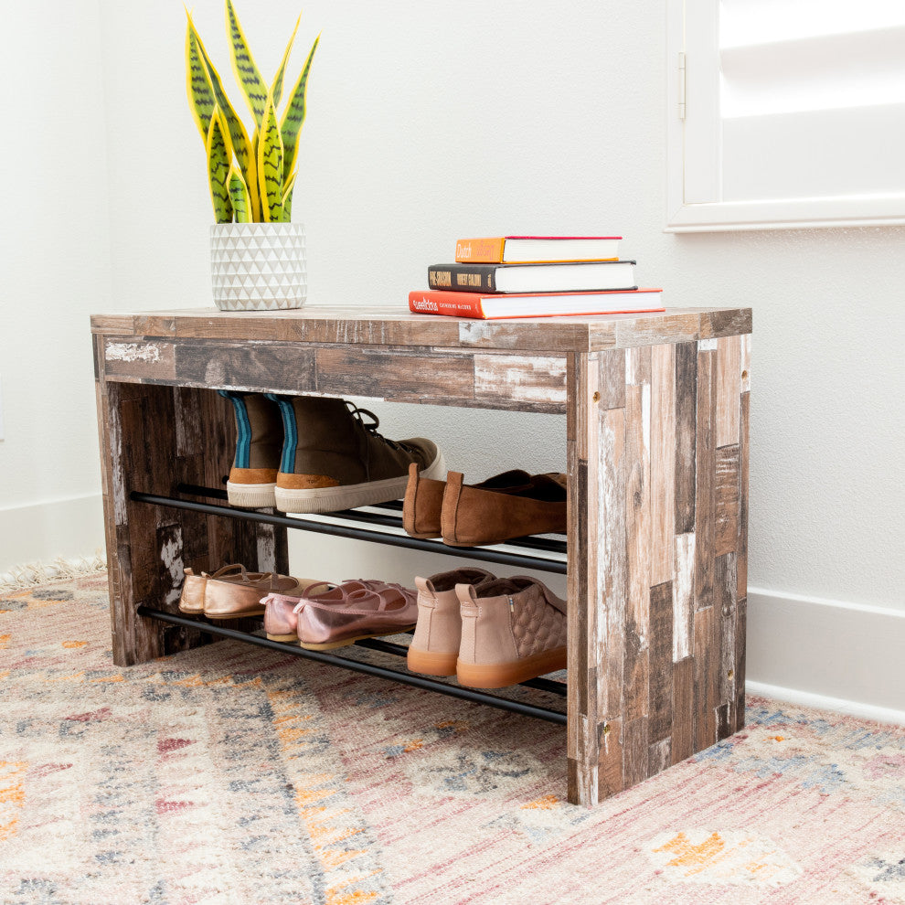 Two-Tier Industrial Decorative Shoe Bench, Distressed Wood Finish