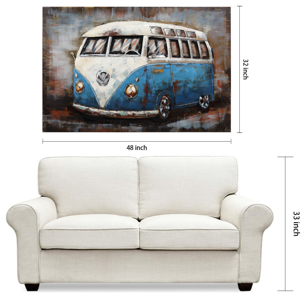 "Blue Bus" Wall Art Mixed Media Iron Hand Painted Dimensional Wall Sculpture